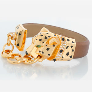 Vintage Cartier 18K Yellow Gold Panthere Head With Chain Silk Bracelet Bracelet Size 17