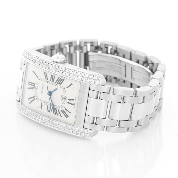 Cartier Tank Americaine 18k White Gold  Factory Diamond Bezel Men's Large Watch WB7026L1