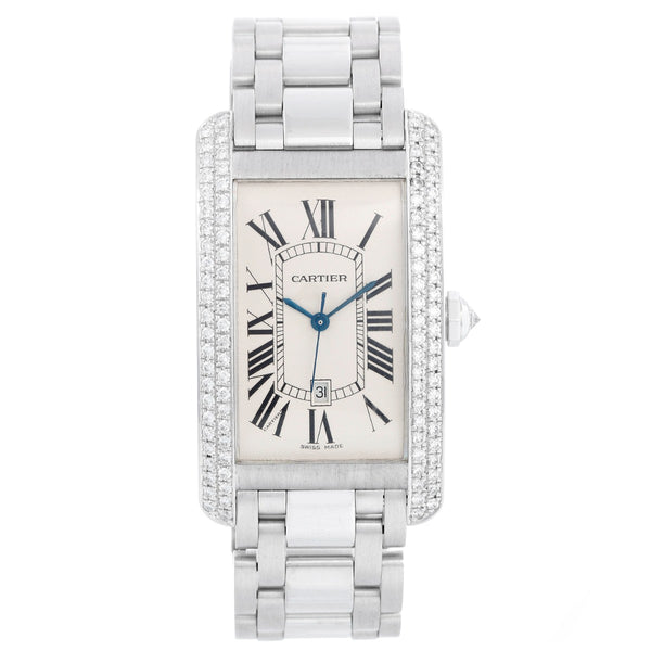Cartier Tank Americaine 18k White Gold  Factory Diamond Bezel Men's Large Watch WB7026L1