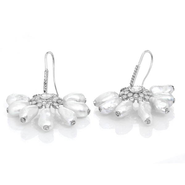 14K White Gold Pearl and Diamond Earrings