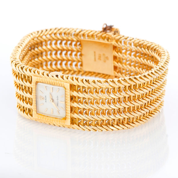 Vintage Ladies 18k Yellow Gold Square Ladies Watch on Mesh Bracelet