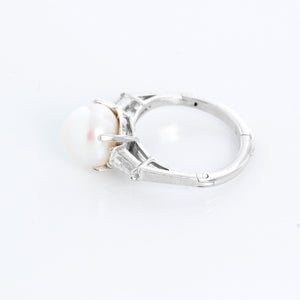 Platinum Pearl and White Gold Diamond Ring