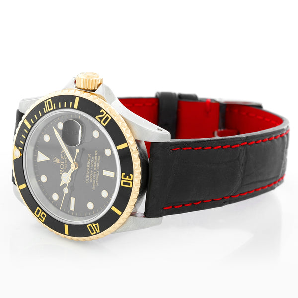 Rolex Submariner Men's 2-Tone Watch 16613 on Strap with Red Stitching