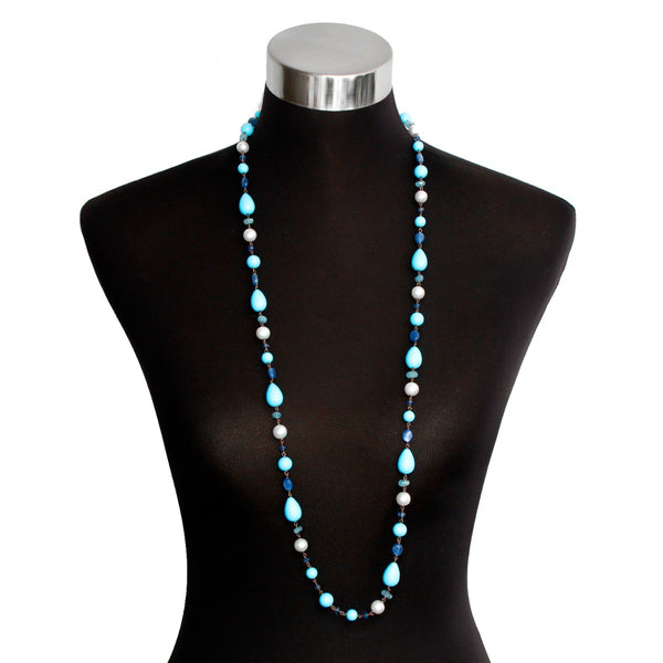 Turquoise, Pearl and Other Stones Sterling Silver Necklace