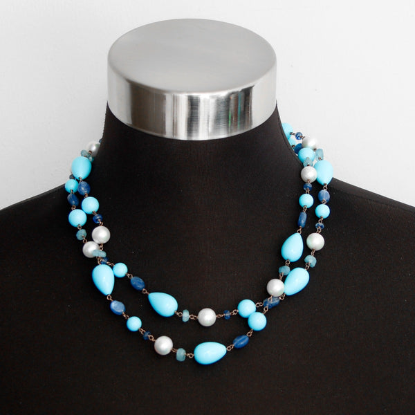 Turquoise, Pearl and Other Stones Sterling Silver Necklace