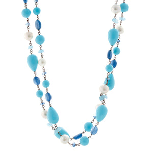 Turquoise, Pearl and Other Stones Sterling Silver Necklace