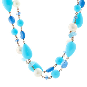 Turquoise, Pearl and Other Stones Sterling Silver Necklace
