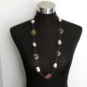 14k Rose Gold Long Necklace Multi Colored Sapphire Slices and Large Pearls
