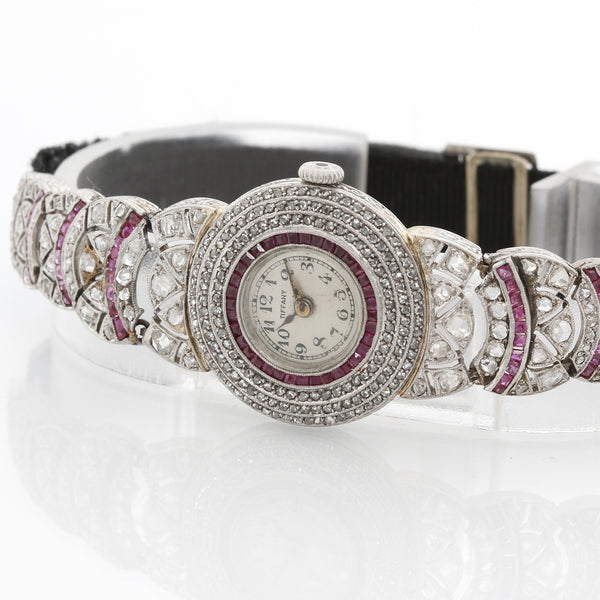 Tiffany Art Deco Ladies Platinum Diamond and Ruby Watch