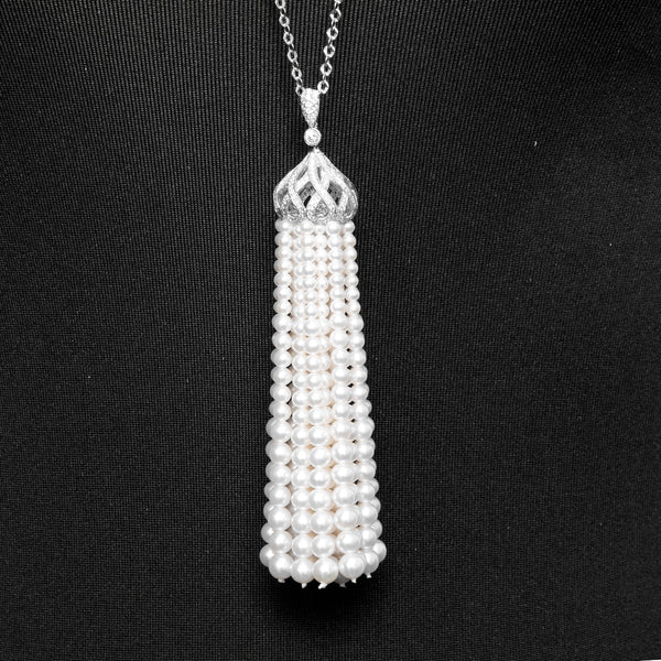 18K White Gold diamond & Pearl Tassel Necklace