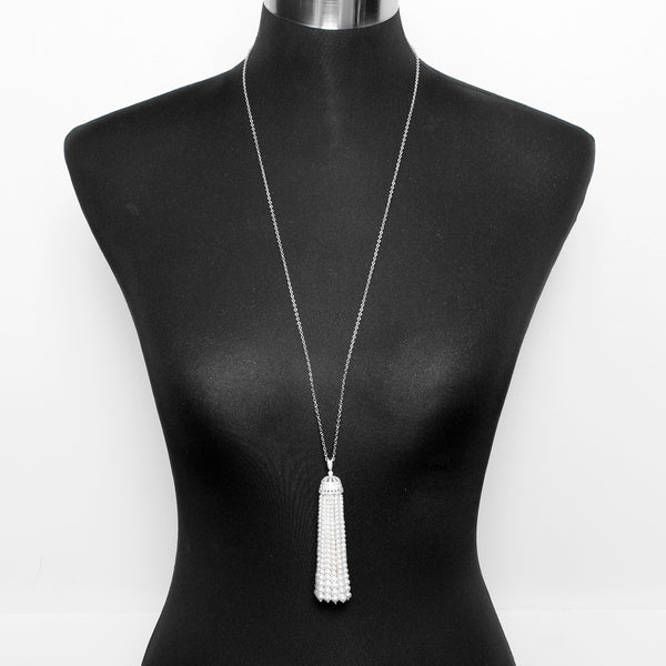 18K White Gold diamond & Pearl Tassels Necklace