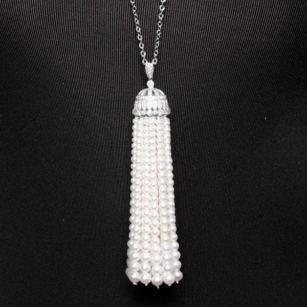 18K White Gold diamond & Pearl Tassels Necklace