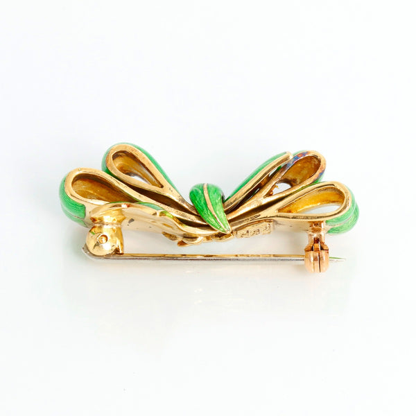 Tiffany & Co. Vintage Yellow Gold Green Enamel Bow Pin Brooch