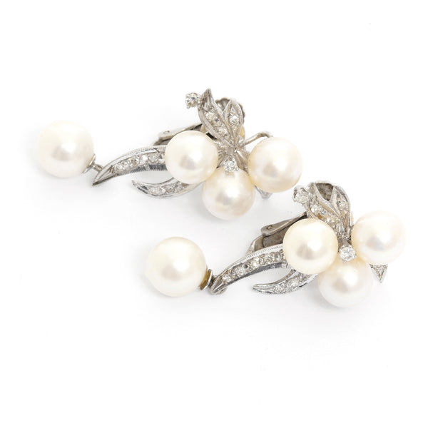 14K White Gold Pearl and Diamond Earrings
