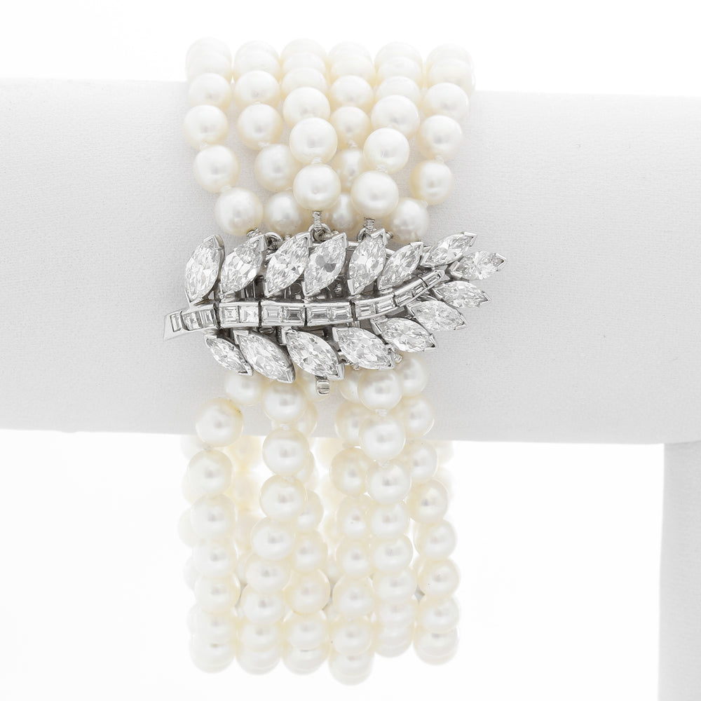 Six Strand Pearl and Diamond Bracelet