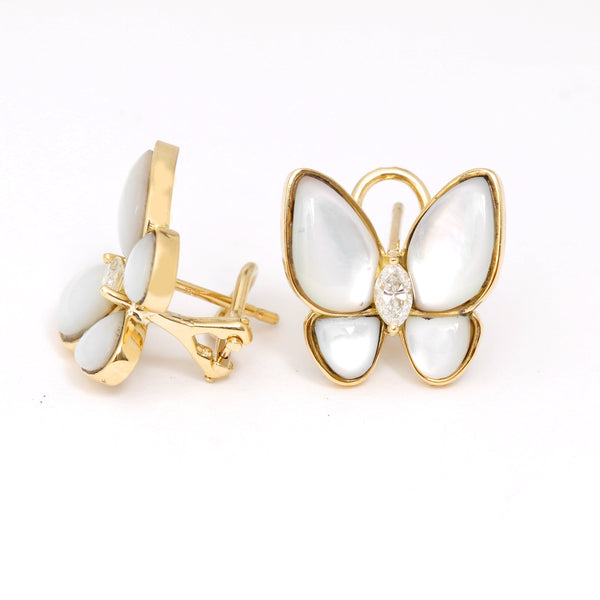 18K Yellow Gold Mother Of Pearl  Diamond Butterfly Earrings