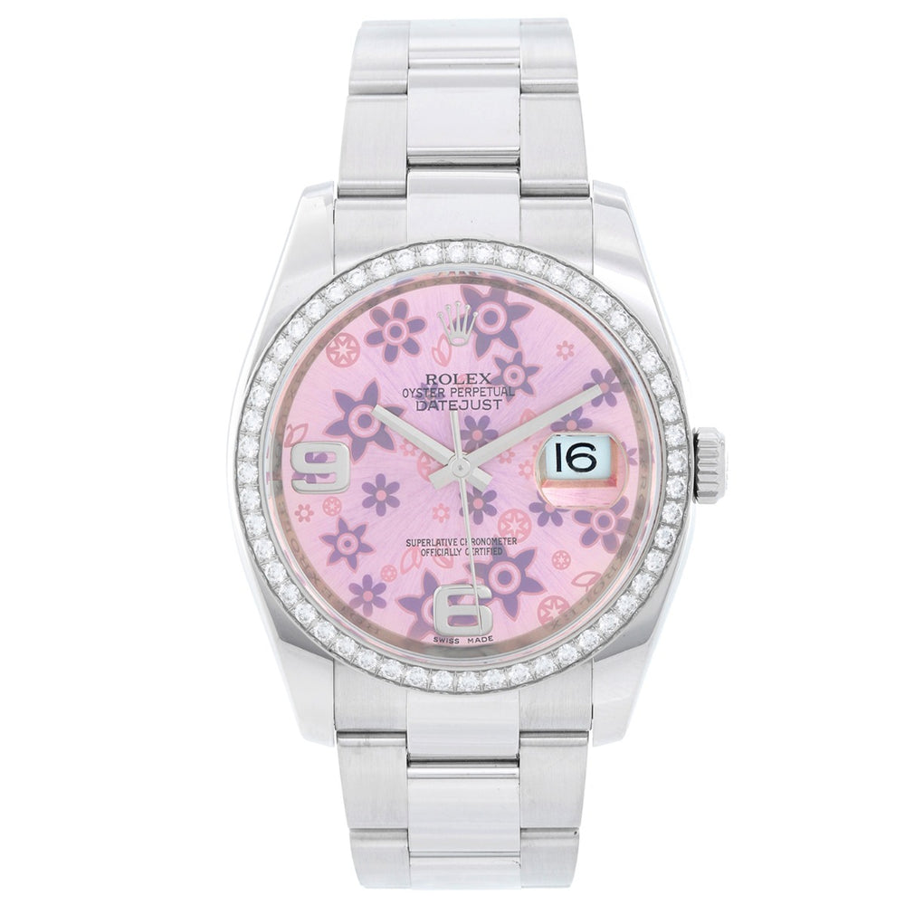 Rolex Datejust Pink Flower Arabic Diamond Bezel Ladies Steel Watch 116244