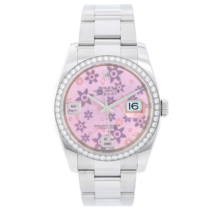 Rolex Datejust Pink Flower Arabic Diamond Bezel Ladies Steel Watch 116244