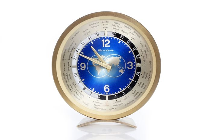 Beautiful Vintage Bulova Globe World Time Brass Alarm  Desk/Shelf Clock