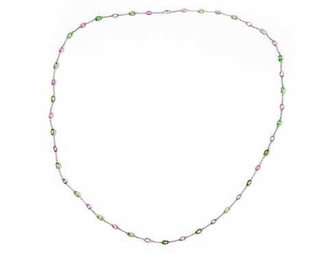 Amazing White Gold, Pink Sapphire, and Synthetic Green Spinel Chain Necklace