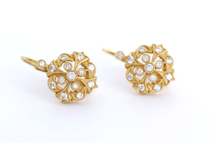 18k Yellow Gold and Diamond Antique Style Flower Earrings