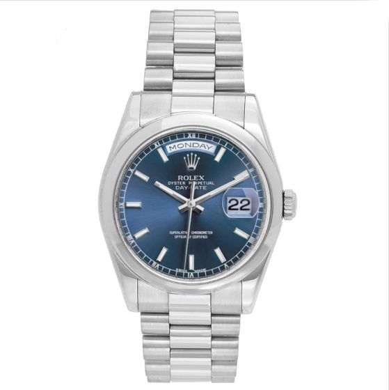 Rolex President Day-Date Men's 18k White Gold Watch 118209 Blue Dial