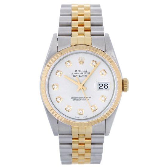 Rolex Datejust Men's 2-Tone Steel & Gold Silver Diamond Dial Watch 16233 