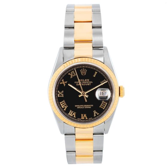 Rolex Datejust Steel & Gold Men's 2-Tone Watch 16233 Black Roman Dial