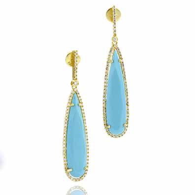 18k Yellow Gold, Persian Turquoise, & Diamond Drop Earrings
