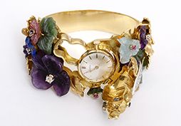 Bee and Flower Carved Colored and Hardstone and Simulated Gemstone 18k Yellow Gold Bangle  Watch