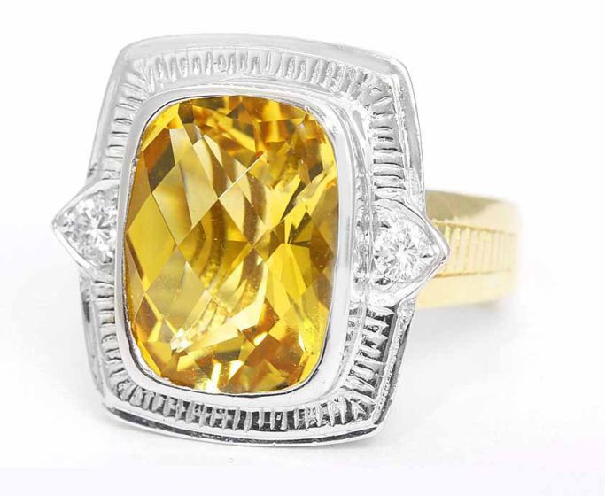 Beautiful 14K White and Yellow Gold Citrine and Diamond Ring
