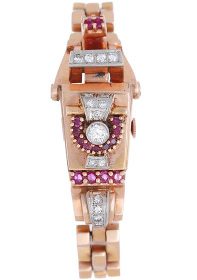 Very Unusual Collectible Vintage Art Deco Style Bulova Retro Diamond Ruby 14k Rose Gold Watch