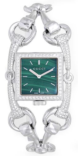 Gucci 116.3 Signoria Green Malachite Dial 18k White Gold Diamond 25mm Ladies Watch YA116306
