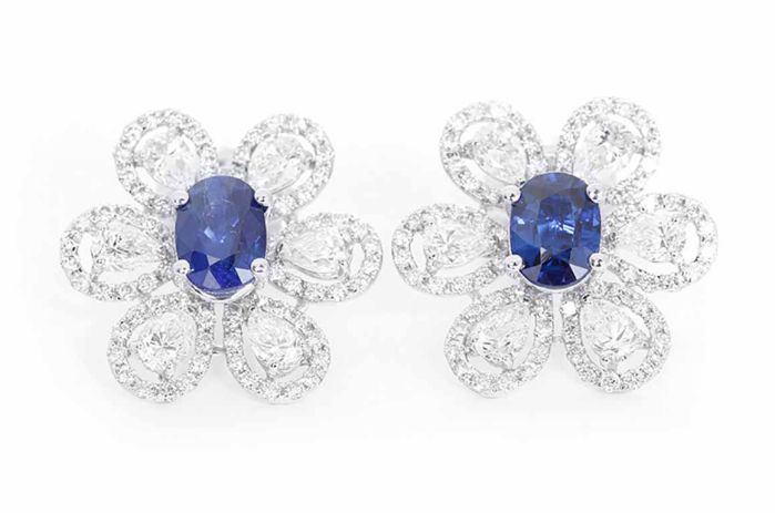 Amazing 18k White Gold, Sapphire, and Diamond Flower Earrings