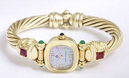 David Yurman Cable 14k Yellow Gold Tourmaline and Emerald  Ladies  Bangle Watch