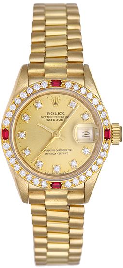 Ladies Rolex President 18k Gold Diamond Ruby Watch 69178