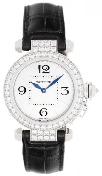 Cartier Pasha 18k White Gold & Diamond Ladies Watch on Black Strap Band WJ11922G