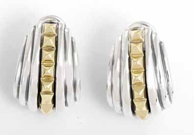 Lagos Caviar Fan Silver & Yellow Gold Stud Shimp Earrings 