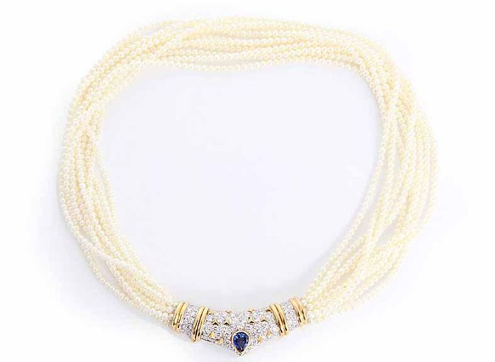Salavetti Sapphire, Diamond, Cultured Pearl Necklace