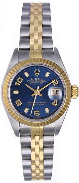 ROLEX LADIES DATEJUST 18K YELLOW GOLD DIAMOND SAPPHIRE & STEEL BLUE  DIAL WATCH