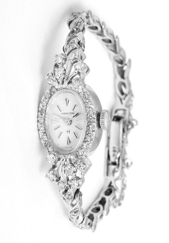 14k White Gold Vintage Ladies Hamilton Watch. Nice Diamonds.