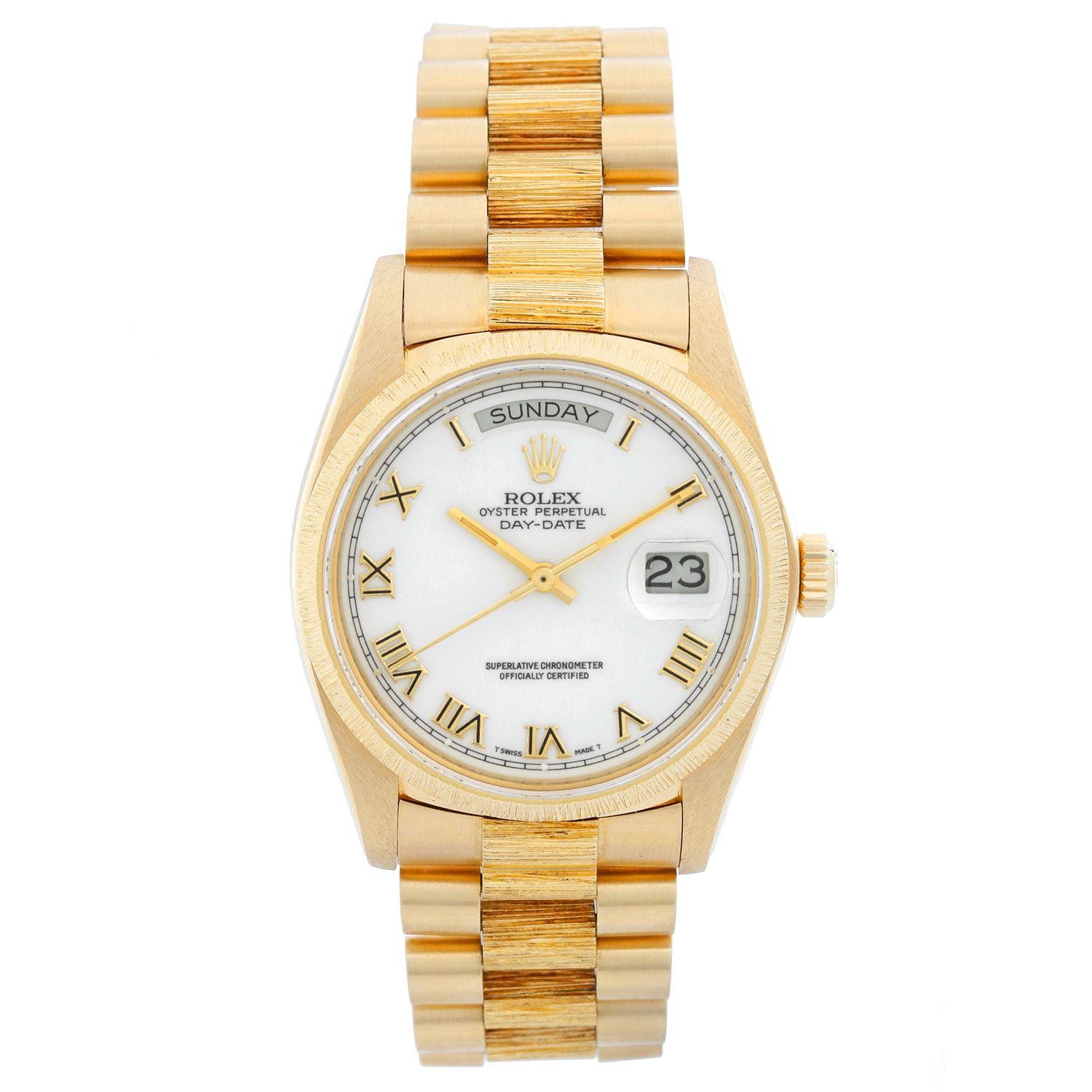 Afvigelse igen Stirre Rolex President Day-Date 18k Yellow Gold Bark Finish Men's Watch 18078