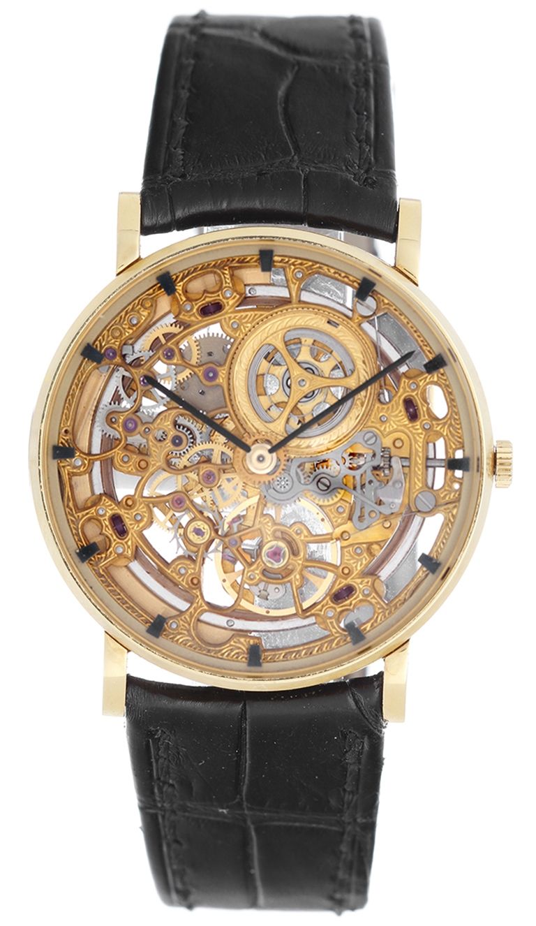 AUDEMARS PIGUET SKELETON DRESS WATCH YELLOW GOLD Audemars Piguet, Genève,  No. 214718, case No. B 45983. Sold in January 1981. Very fine, elegant and  thin, 18K yellow gold, skeletonized, keyless dress watch.