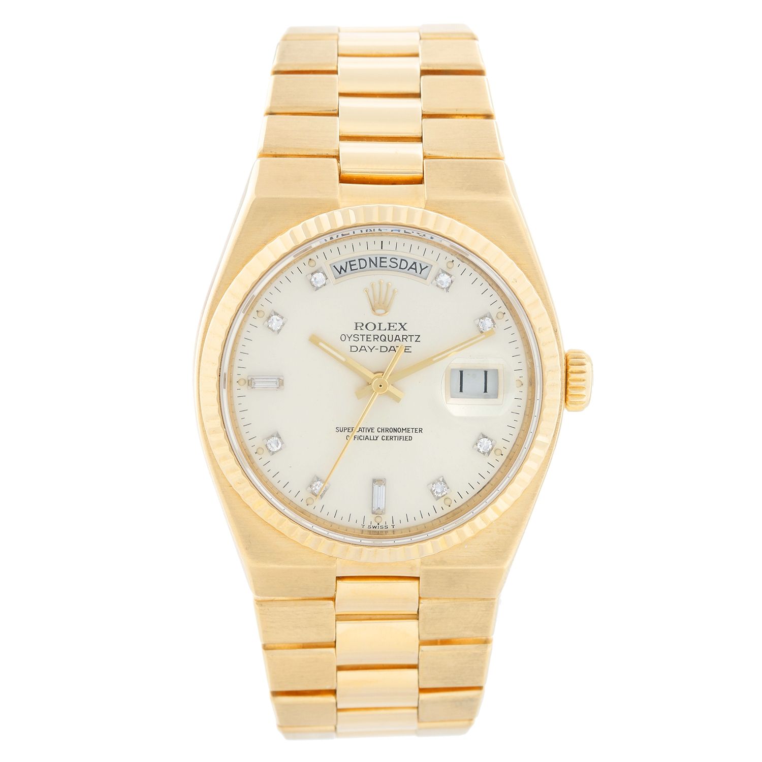 Rolex Women's President Yellow Gold Fluted Factory Silver Diamond Dial