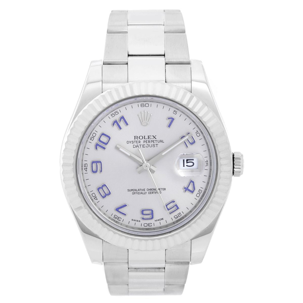 ramme Splendor Ung Rolex Datejust II 41mm Watch Silver/Blue Arabic Dial 116334