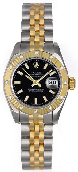 ROLEX LADY DATEJUST 18KY GOLD & STEEL BLACK DIAMOND DIAL FLUTED 26MM WATCH