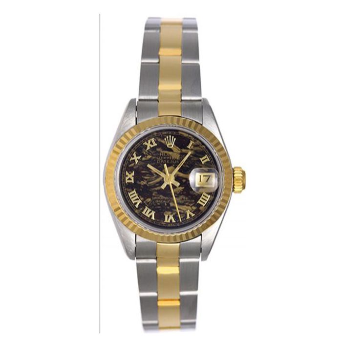 Rolex 2 Tone Datejust Watch 69173 Black Gold Roman Dial