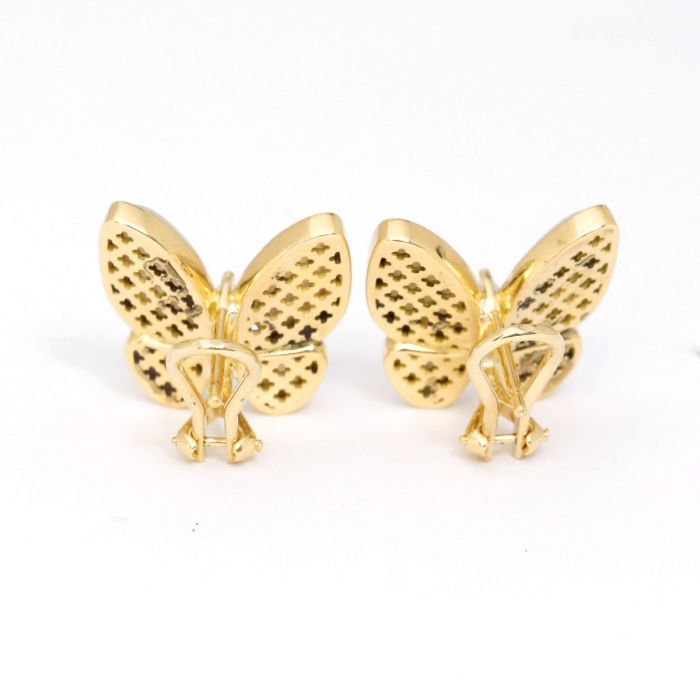 18K Yellow Gold Mother Of Pearl Diamond Butterfly Earrings