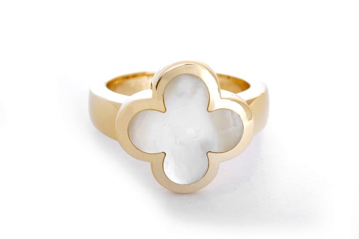 Van Cleef Arpels Pure Alhambra 18k Yellow Gold and White Mother of Pearl Ring Sz. 52 US 6