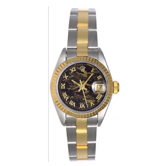 Rolex 2-Tone Datejust Watch 69173 Black Gold Roman Dial